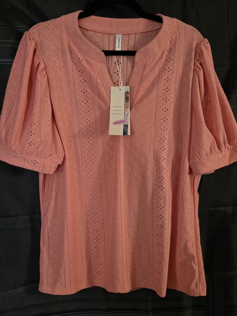 Women's Eyelet Puff Sleeve Top - Coral - Picture 4 of 6
